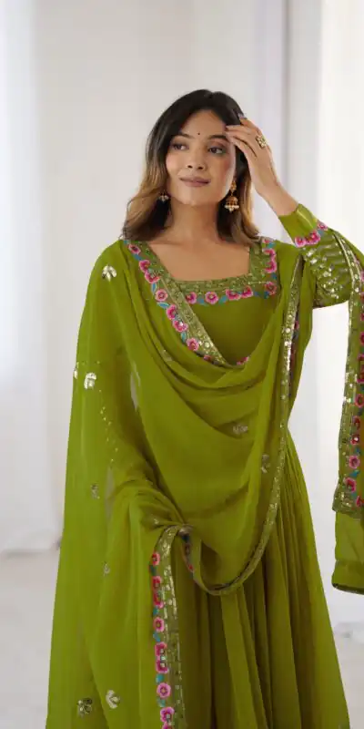 ZF 5010 Green Georgette Gown Perfect for Wedding, Party, Pooja, Ethnic Day, Karwa Chauth – . Best Price ₹2049. Delivery 4-6 Working Days. Shop now. | Jump Suits, Salwar suit, Designer Suits, Casual Suits, Creative suits, Palazzo Suits, Party Wear Suits, Patiala Suits, Straight Suits