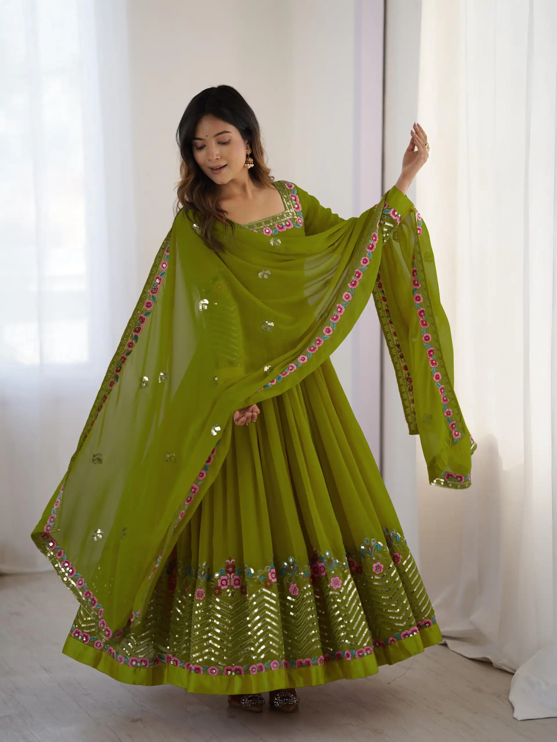 ZF 5010 Green Georgette Gown Perfect for Wedding, Party, Pooja, Ethnic Day, Karwa Chauth – . Best Price ₹2049. Delivery 4-6 Working Days. Shop now. | Jump Suits, Salwar suit, Designer Suits, Casual Suits, Creative suits, Palazzo Suits, Party Wear Suits, Patiala Suits, Straight Suits