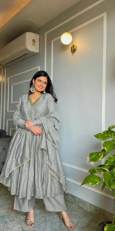 AD 152 Grey Color Pure Chinon Silk Embroidery Gown Fancy Full Sleeve Wedding, Party, Festive, Events Etc. Expected Delivery  4-6 Working Days @1799/ | Jump Suits, Salwar suit, Designer Suits, Casual Suits, Creative suits, Palazzo Suits, Party Wear Suits, Patiala Suits, Straight Suits