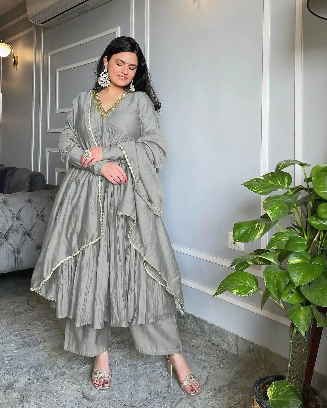 AD 152 Grey Color Pure Chinon Silk Embroidery Gown Fancy Full Sleeve Wedding, Party, Festive, Events Etc. Expected Delivery  4-6 Working Days @1799/ | Jump Suits, Salwar suit, Designer Suits, Casual Suits, Creative suits, Palazzo Suits, Party Wear Suits, Patiala Suits, Straight Suits