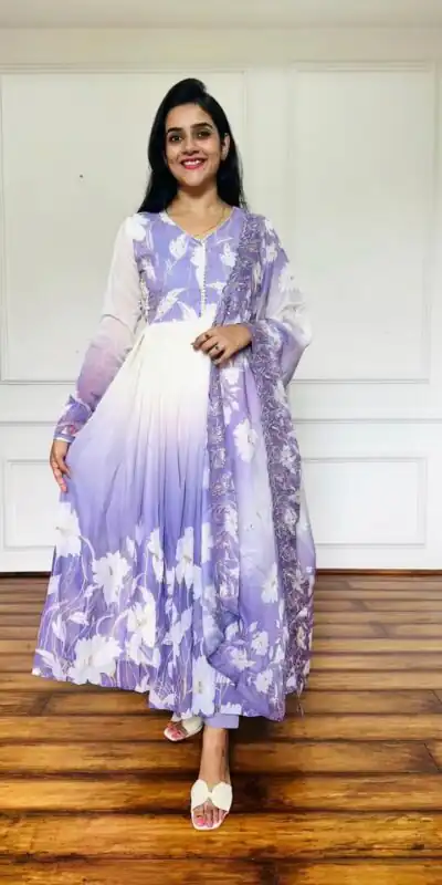 ZF 431 Lavender Faux Georgette Gown with Embroidery Work & Digital Print. Best Price ₹2049. Delivery 4-6 Working Days. Shop now. | Jump Suits, Salwar suit, Designer Suits, Casual Suits, Creative suits, Palazzo Suits, Party Wear Suits, Patiala Suits, Straight Suits