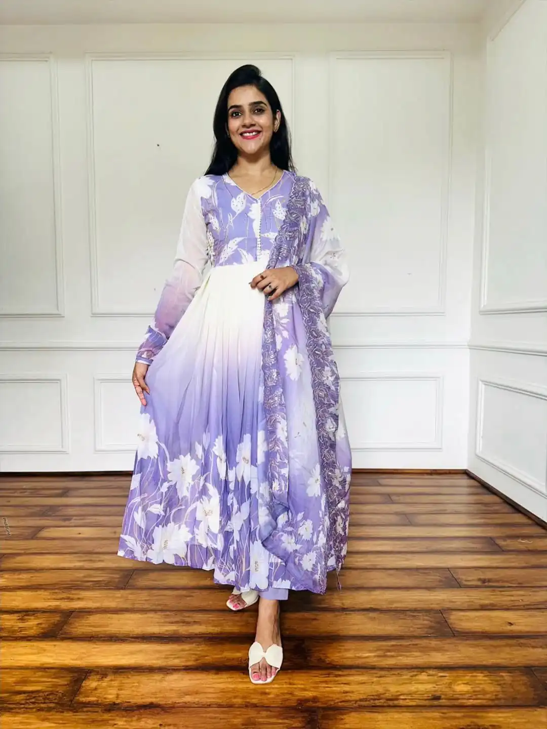 ZF 431 Lavender Faux Georgette Gown with Embroidery Work & Digital Print. Best Price ₹2049. Delivery 4-6 Working Days. Shop now. | Jump Suits, Salwar suit, Designer Suits, Casual Suits, Creative suits, Palazzo Suits, Party Wear Suits, Patiala Suits, Straight Suits
