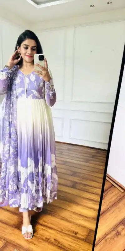 ZF 431 Lavender Faux Georgette Gown with Embroidery Work & Digital Print. Best Price ₹2049. Delivery 4-6 Working Days. Shop now. | Jump Suits, Salwar suit, Designer Suits, Casual Suits, Creative suits, Palazzo Suits, Party Wear Suits, Patiala Suits, Straight Suits