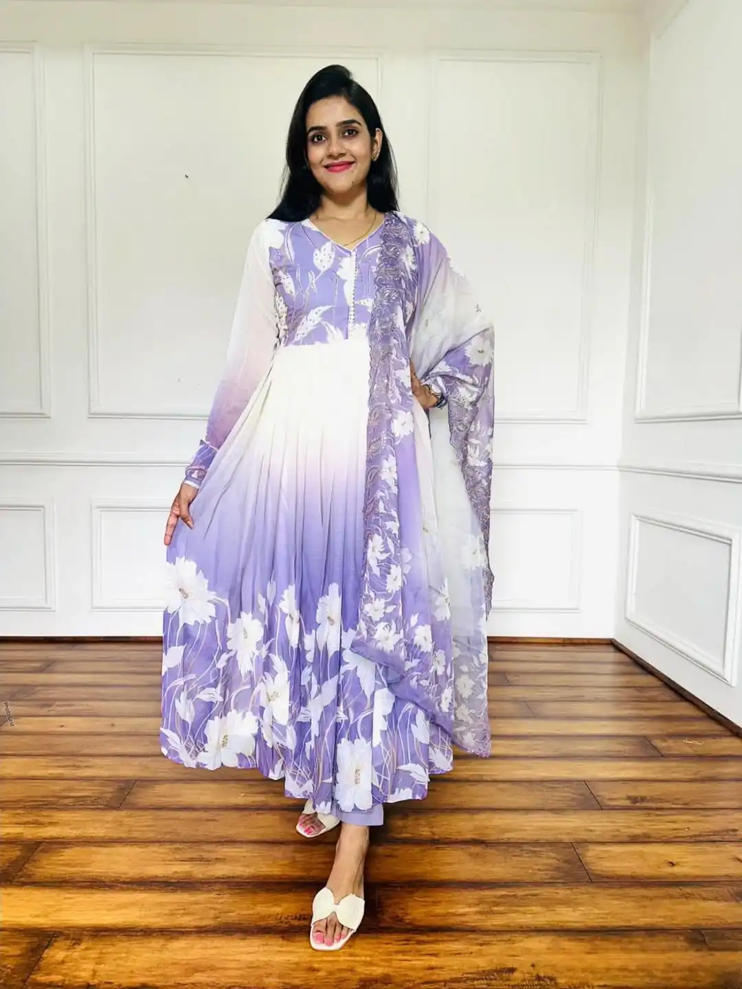 ZF 431 Lavender Faux Georgette Gown with Embroidery Work & Digital Print. Best Price ₹2049. Delivery 4-6 Working Days. Shop now. | Jump Suits, Salwar suit, Designer Suits, Casual Suits, Creative suits, Palazzo Suits, Party Wear Suits, Patiala Suits, Straight Suits