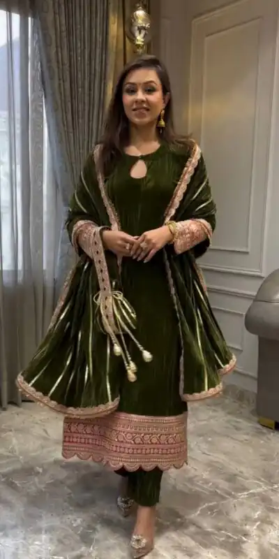 VLM 241 Mahendi in Crash Viscose Velvet Embroidery Work Salwar Suit . Affordable Price ₹2399. Delivery 4-6 Working Days. Shop now. | Jump Suits, Salwar suit, Designer Suits, Casual Suits, Creative suits, Palazzo Suits, Party Wear Suits, Patiala Suits, Straight Suits