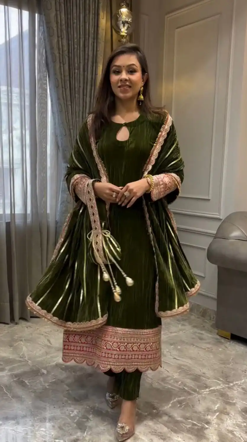 VLM 241 Mahendi in Crash Viscose Velvet Embroidery Work Salwar Suit . Affordable Price ₹2399. Delivery 4-6 Working Days. Shop now. | Jump Suits, Salwar suit, Designer Suits, Casual Suits, Creative suits, Palazzo Suits, Party Wear Suits, Patiala Suits, Straight Suits