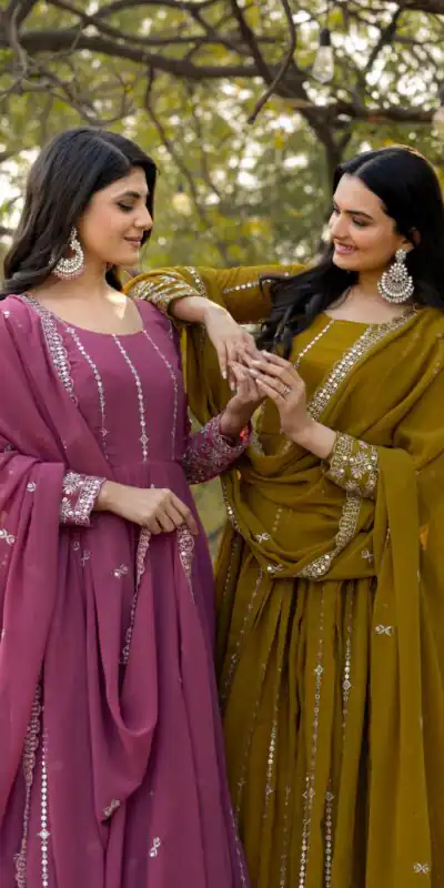 Ram 080 Mahendi Fox Georgette Gown with Embroidery Work. Wedding, Party, Festive, Events, Best Price ₹2049. Delivery 4-6 Working Days. Shop now. | Jump Suits, Salwar suit, Designer Suits, Casual Suits, Creative suits, Palazzo Suits, Party Wear Suits, Patiala Suits, Straight Suits