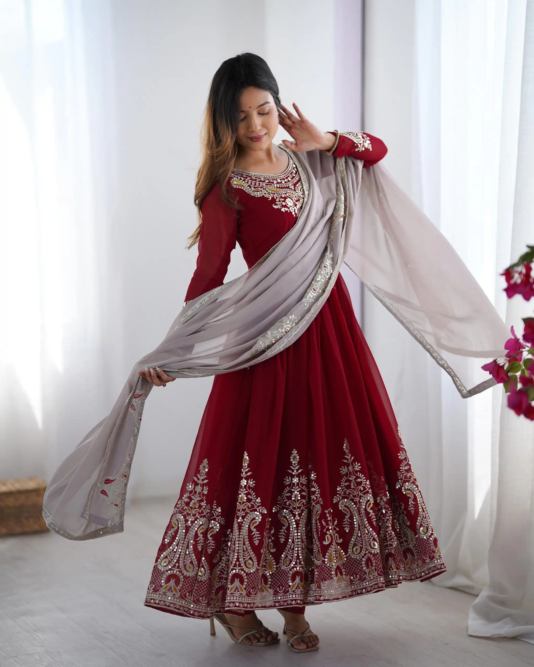 ZF 5008 Maroon Georgette Gown with Embroidery Work. Wedding, Party, Festive, Events, Special Price ₹2049. Delivery 4-6 Working Days. Shop now. | Jump Suits, Salwar suit, Designer Suits, Casual Suits, Creative suits, Palazzo Suits, Party Wear Suits, Patiala Suits, Straight Suits