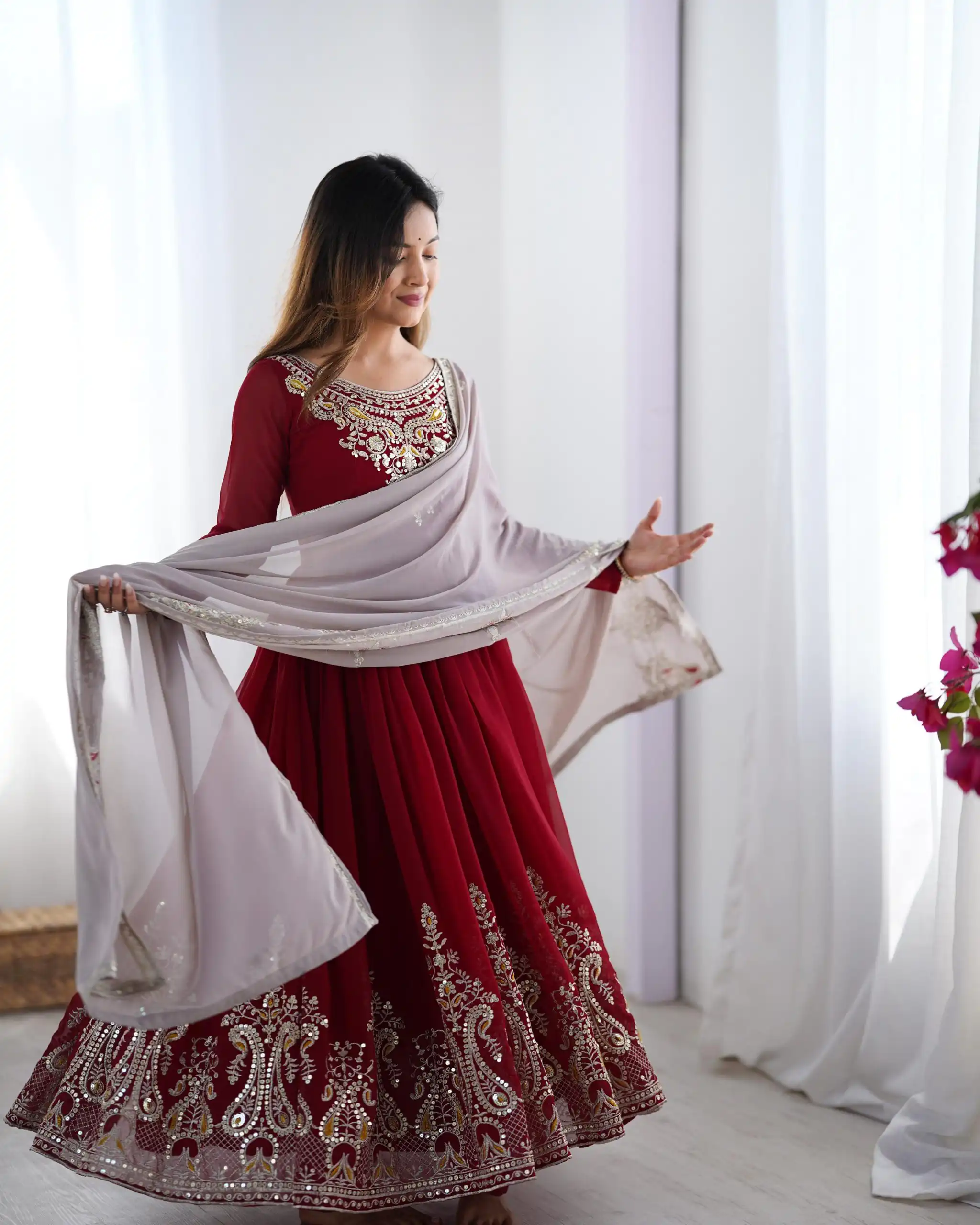 ZF 5008 Maroon Georgette Gown with Embroidery Work. Wedding, Party, Festive, Events, Special Price ₹2049. Delivery 4-6 Working Days. Shop now. | Jump Suits, Salwar suit, Designer Suits, Casual Suits, Creative suits, Palazzo Suits, Party Wear Suits, Patiala Suits, Straight Suits