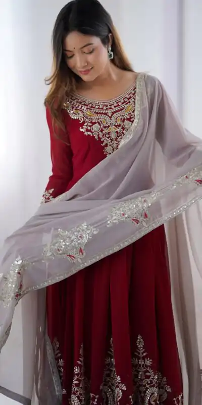 ZF 5008 Maroon Georgette Gown with Embroidery Work. Wedding, Party, Festive, Events, Special Price ₹2049. Delivery 4-6 Working Days. Shop now. | Jump Suits, Salwar suit, Designer Suits, Casual Suits, Creative suits, Palazzo Suits, Party Wear Suits, Patiala Suits, Straight Suits