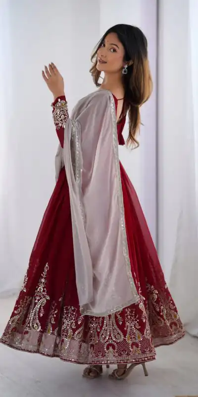 ZF 5008 Maroon Georgette Gown with Embroidery Work. Wedding, Party, Festive, Events, Special Price ₹2049. Delivery 4-6 Working Days. Shop now. | Jump Suits, Salwar suit, Designer Suits, Casual Suits, Creative suits, Palazzo Suits, Party Wear Suits, Patiala Suits, Straight Suits