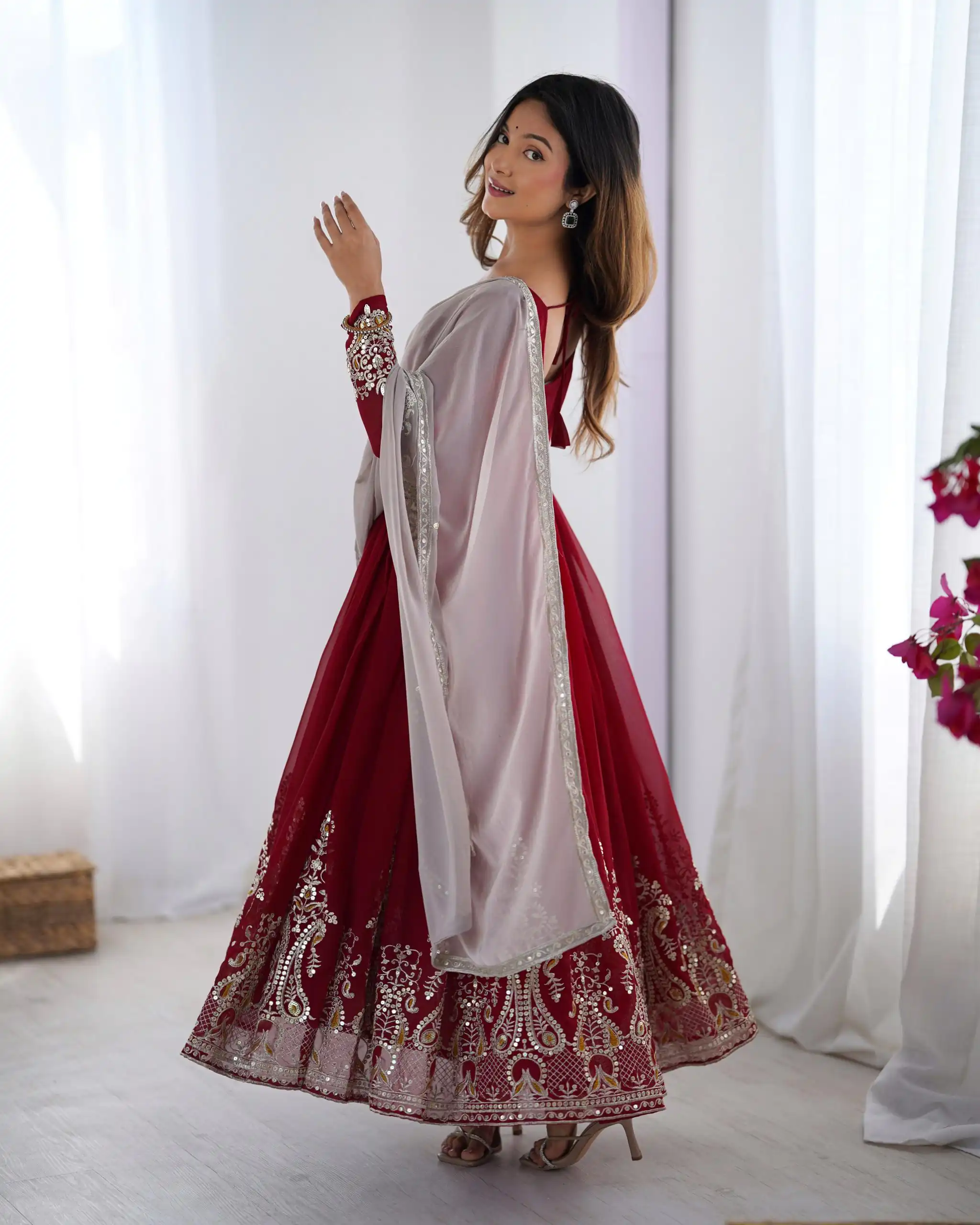 ZF 5008 Maroon Georgette Gown with Embroidery Work. Wedding, Party, Festive, Events, Special Price ₹2049. Delivery 4-6 Working Days. Shop now. | Jump Suits, Salwar suit, Designer Suits, Casual Suits, Creative suits, Palazzo Suits, Party Wear Suits, Patiala Suits, Straight Suits