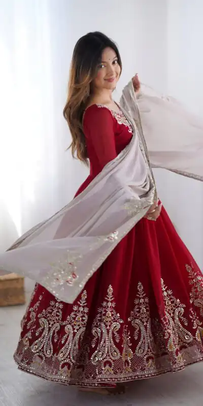 ZF 5008 Maroon Georgette Gown with Embroidery Work. Wedding, Party, Festive, Events, Special Price ₹2049. Delivery 4-6 Working Days. Shop now. | Jump Suits, Salwar suit, Designer Suits, Casual Suits, Creative suits, Palazzo Suits, Party Wear Suits, Patiala Suits, Straight Suits