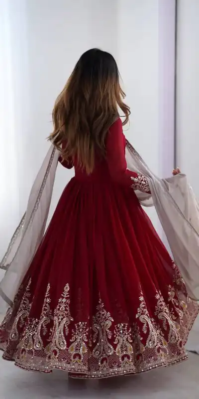 ZF 5008 Maroon Georgette Gown with Embroidery Work. Wedding, Party, Festive, Events, Special Price ₹2049. Delivery 4-6 Working Days. Shop now. | Jump Suits, Salwar suit, Designer Suits, Casual Suits, Creative suits, Palazzo Suits, Party Wear Suits, Patiala Suits, Straight Suits