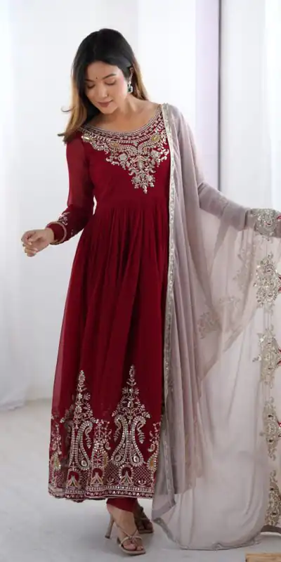 ZF 5008 Maroon Georgette Gown with Embroidery Work. Wedding, Party, Festive, Events, Special Price ₹2049. Delivery 4-6 Working Days. Shop now. | Jump Suits, Salwar suit, Designer Suits, Casual Suits, Creative suits, Palazzo Suits, Party Wear Suits, Patiala Suits, Straight Suits