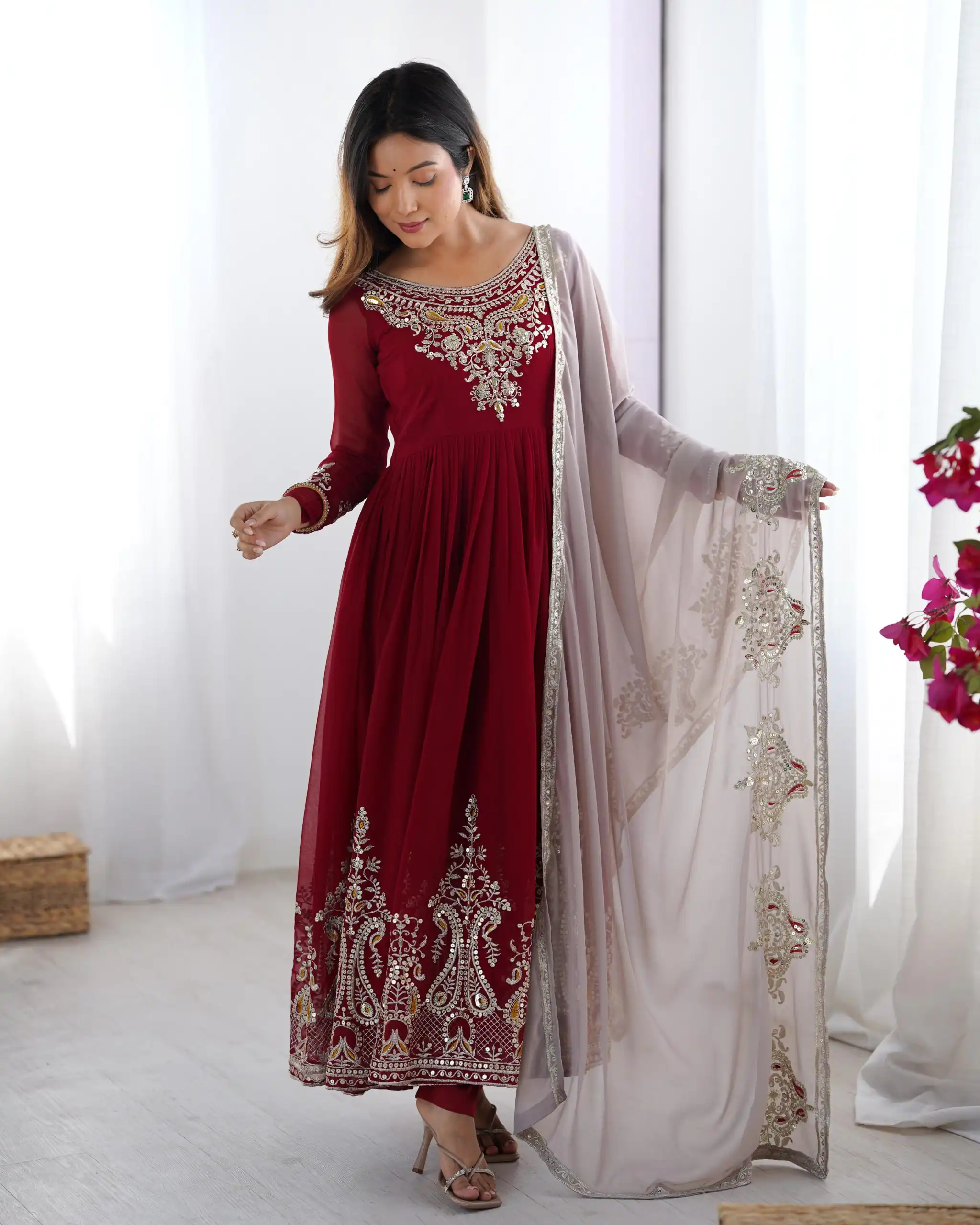 ZF 5008 Maroon Georgette Gown with Embroidery Work. Wedding, Party, Festive, Events, Special Price ₹2049. Delivery 4-6 Working Days. Shop now. | Jump Suits, Salwar suit, Designer Suits, Casual Suits, Creative suits, Palazzo Suits, Party Wear Suits, Patiala Suits, Straight Suits