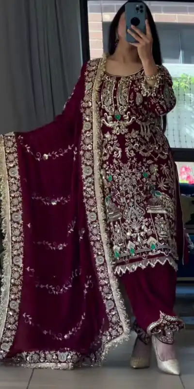Maroon Natural Crep Embroidery Work Salwar Suit