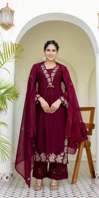 BE 385 Maroon Color Rayon Slub Cotton Embroidery Wor Salwar Suit Casual, Wedding, Festive, Events . Expected Delivery  4-6 Working Days @1899/- only      | Jump Suits, Salwar suit, Designer Suits, Casual Suits, Creative suits, Palazzo Suits, Party Wear Suits, Patiala Suits, Straight Suits