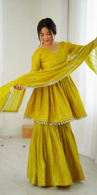 Mustard Mal Chanderi Mirror Work Salwar Suit