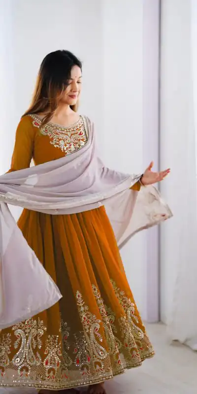 ZF 5008 White Mustered Gown with Embroidery Work. Wedding, Party, Festive, Events, Special Price ₹2049. Delivery 4-6 Working Days. Shop now. | Jump Suits, Salwar suit, Designer Suits, Casual Suits, Creative suits, Palazzo Suits, Party Wear Suits, Patiala Suits, Straight Suits