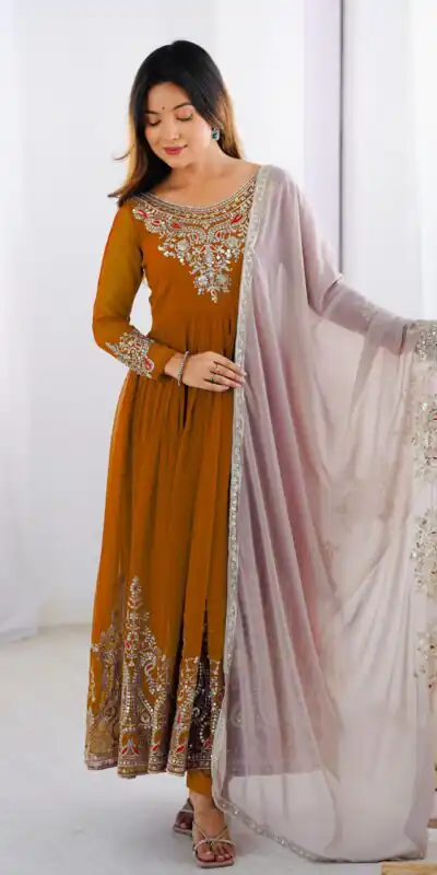 ZF 5008 White Mustered Gown with Embroidery Work. Wedding, Party, Festive, Events, Special Price ₹2049. Delivery 4-6 Working Days. Shop now. | Jump Suits, Salwar suit, Designer Suits, Casual Suits, Creative suits, Palazzo Suits, Party Wear Suits, Patiala Suits, Straight Suits