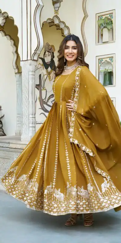 Ram 139 Mustered Star Georgette Gown Perfect for Wedding, Party, Family Gatherings, Haldi, Housewarming –. Grab it for ₹1949. Delivery 4-6 Working | Jump Suits, Salwar suit, Designer Suits, Casual Suits, Creative suits, Palazzo Suits, Party Wear Suits, Patiala Suits, Straight Suits