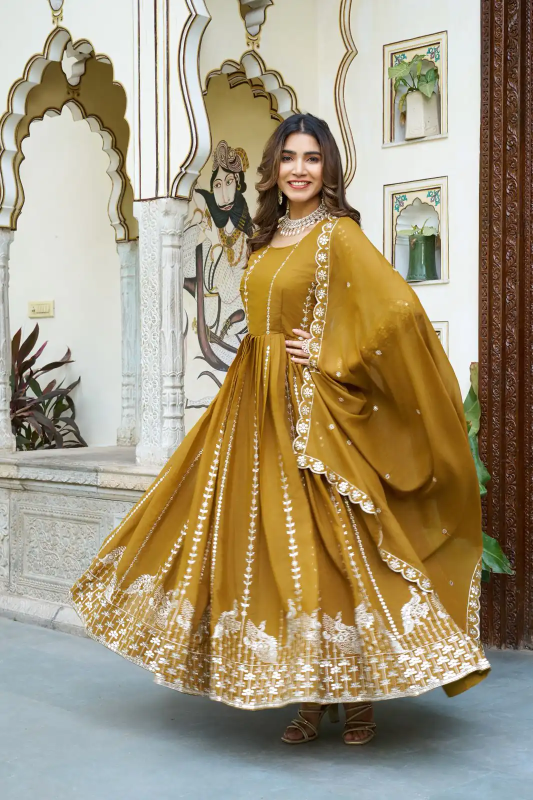 Ram 139 Mustered Star Georgette Gown Perfect for Wedding, Party, Family Gatherings, Haldi, Housewarming –. Grab it for ₹1949. Delivery 4-6 Working | Jump Suits, Salwar suit, Designer Suits, Casual Suits, Creative suits, Palazzo Suits, Party Wear Suits, Patiala Suits, Straight Suits