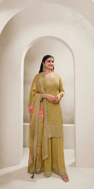 Mustered Viscose Chinon Embroidery Work Salwar Suit