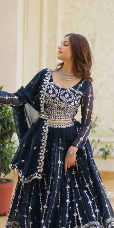 Ram 085 Navy Blue Color Fox Georgette Lehenga Choli with Embroidery Work. Grab it for ₹3049. Delivery 4-6 Working Days. Shop now. | Lehenga, Bollywood Lehenga, Creative Lehenga, Designer Lehenga, Embroidered Lehenga, Party Wear Lehenga