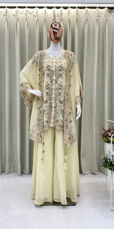 Off White Faux Georgette Embroidery Work Salwar Suit