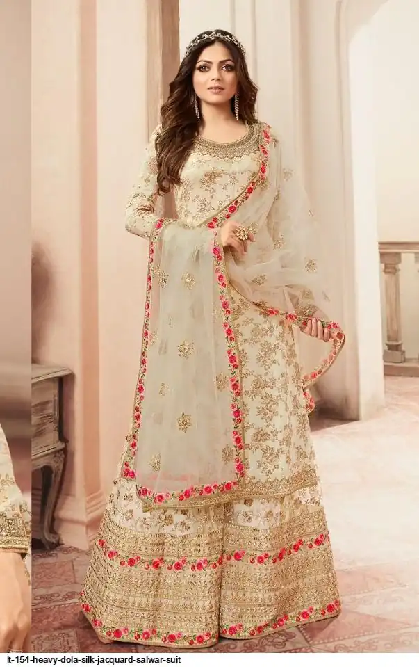 FC L.t 5401 Off White Color Jacquard Silk Georgette Diamond Sharara Suit Wedding, Party, Festive Expected Delivery 4-6 Working Days  @2999/- | Designer Suits, Jump Suits, Salwar suit, Casual Suits, Creative suits, Palazzo Suits, Party Wear Suits, Patiala Suits, Straight Suits