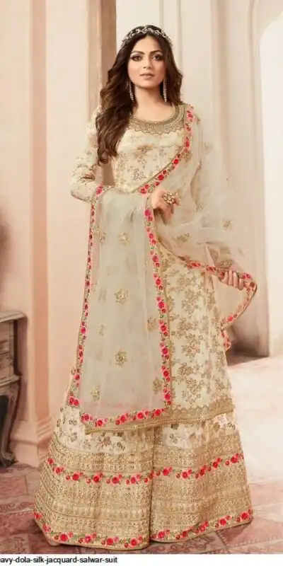 FC L.t 5401 Off White Color Jacquard Silk Georgette Diamond Sharara Suit Wedding, Party, Festive Expected Delivery 4-6 Working Days  @2999/- | Jump Suits, Salwar suit, Designer Suits, Casual Suits, Creative suits, Palazzo Suits, Party Wear Suits, Patiala Suits, Straight Suits