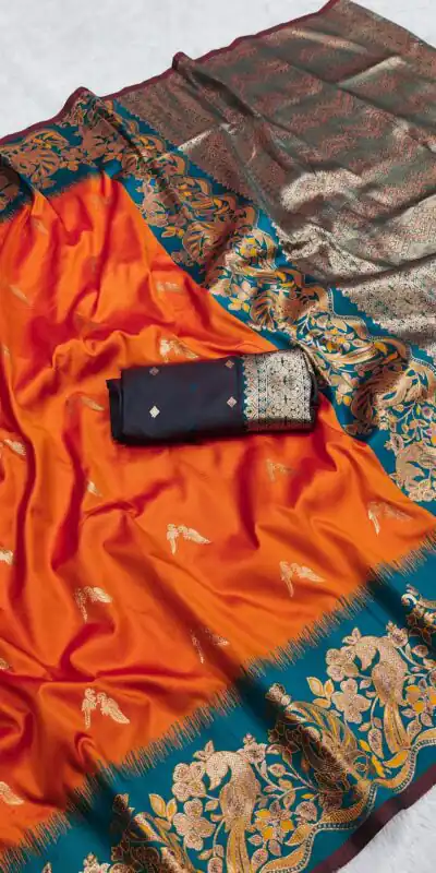 MB 3308 Orange Banarasi Silk Saree Perfect for Wedding, Party, Holi, Reception, Raksha Bandhan – . Special Price ₹1999. Delivery 4-6 Working Days. Shop n | Sarees, Bollywood Sarees, Creative Sarees, Designer Sarees, Embroidered Sarees, Ethnic Saree, Modern Digital sarees, Party Wear Sarees