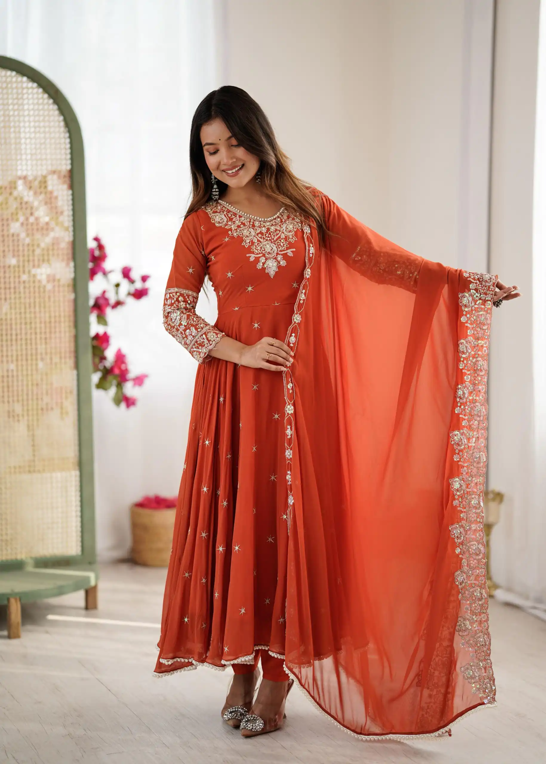 ZF 5012 Orange Blooming Faux Gown with Embroidery Work. Wedding, Party, Festive, Events Grab it for ₹2149. Delivery 4-6 Working Days. Shop now. | Lehenga, Bollywood Lehenga, Creative Lehenga, Designer Lehenga, Embroidered Lehenga, Party Wear Lehenga