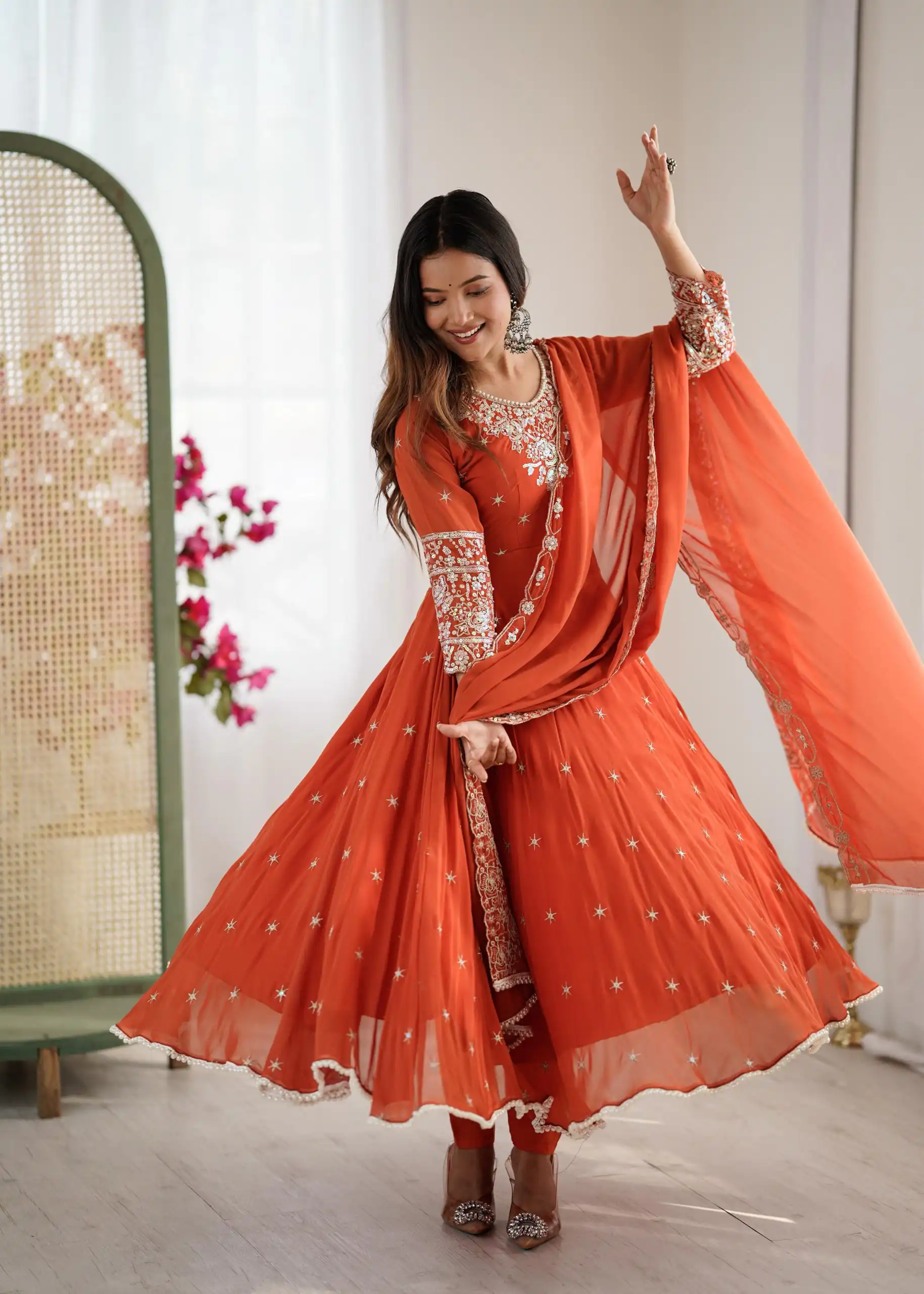 ZF 5012 Orange Blooming Faux Gown with Embroidery Work. Wedding, Party, Festive, Events Grab it for ₹2149. Delivery 4-6 Working Days. Shop now. | Lehenga, Bollywood Lehenga, Creative Lehenga, Designer Lehenga, Embroidered Lehenga, Party Wear Lehenga