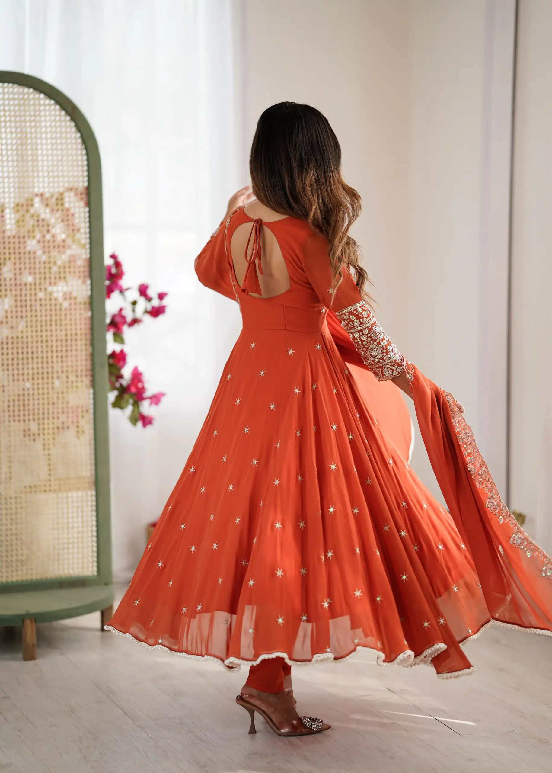ZF 5012 Orange Blooming Faux Gown with Embroidery Work. Wedding, Party, Festive, Events Grab it for ₹2149. Delivery 4-6 Working Days. Shop now. | Lehenga, Bollywood Lehenga, Creative Lehenga, Designer Lehenga, Embroidered Lehenga, Party Wear Lehenga