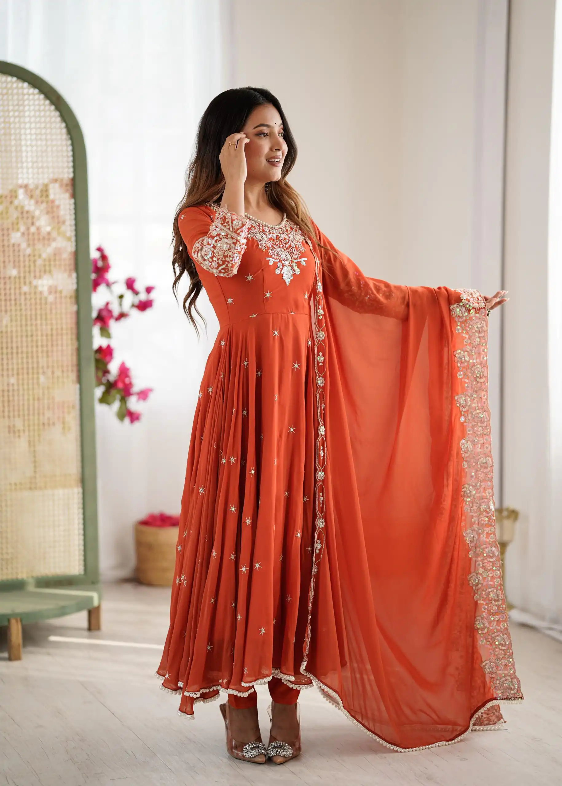 ZF 5012 Orange Blooming Faux Gown with Embroidery Work. Wedding, Party, Festive, Events Grab it for ₹2149. Delivery 4-6 Working Days. Shop now. | Lehenga, Bollywood Lehenga, Creative Lehenga, Designer Lehenga, Embroidered Lehenga, Party Wear Lehenga