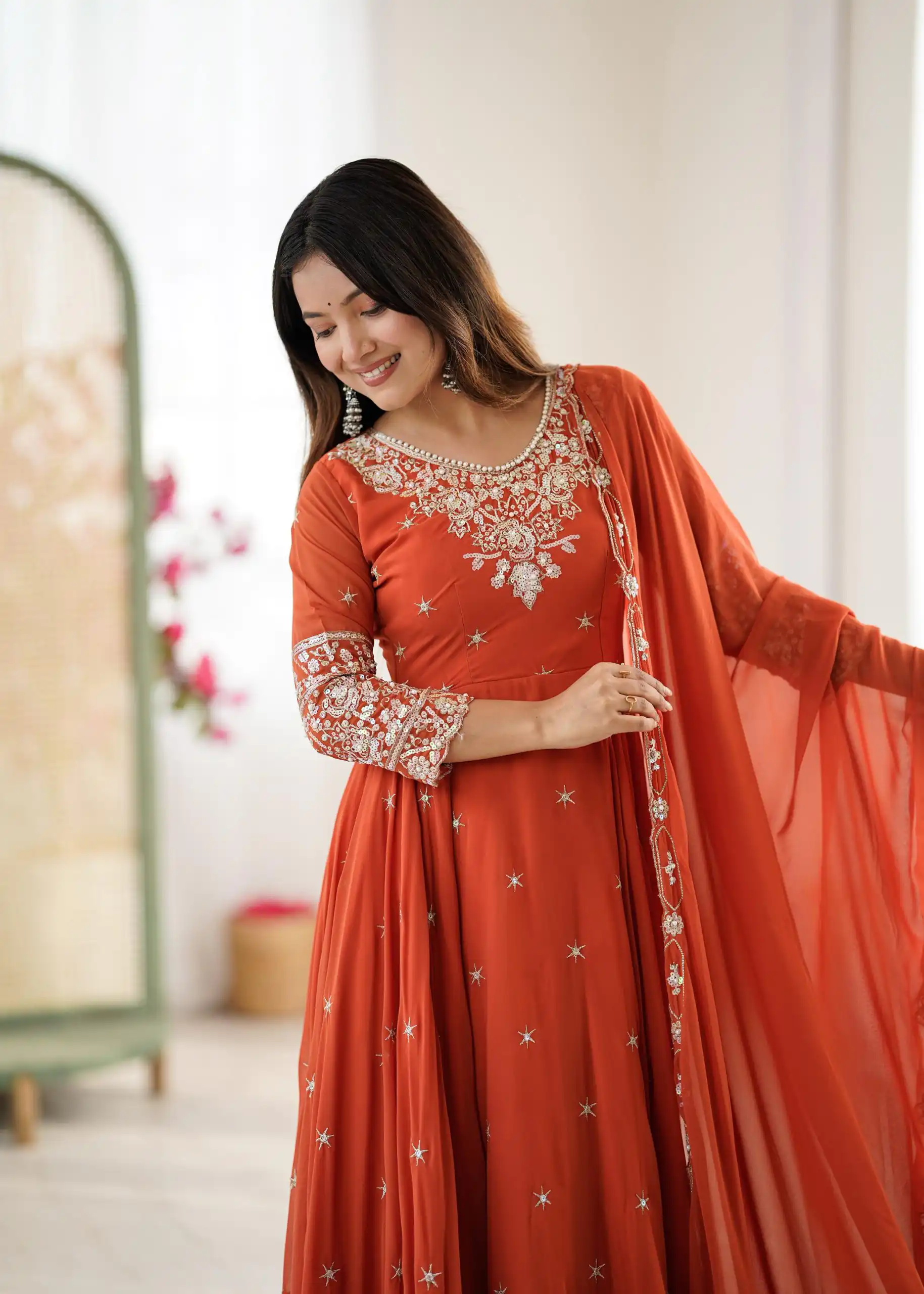 ZF 5012 Orange Blooming Faux Gown with Embroidery Work. Wedding, Party, Festive, Events Grab it for ₹2149. Delivery 4-6 Working Days. Shop now. | Lehenga, Bollywood Lehenga, Creative Lehenga, Designer Lehenga, Embroidered Lehenga, Party Wear Lehenga