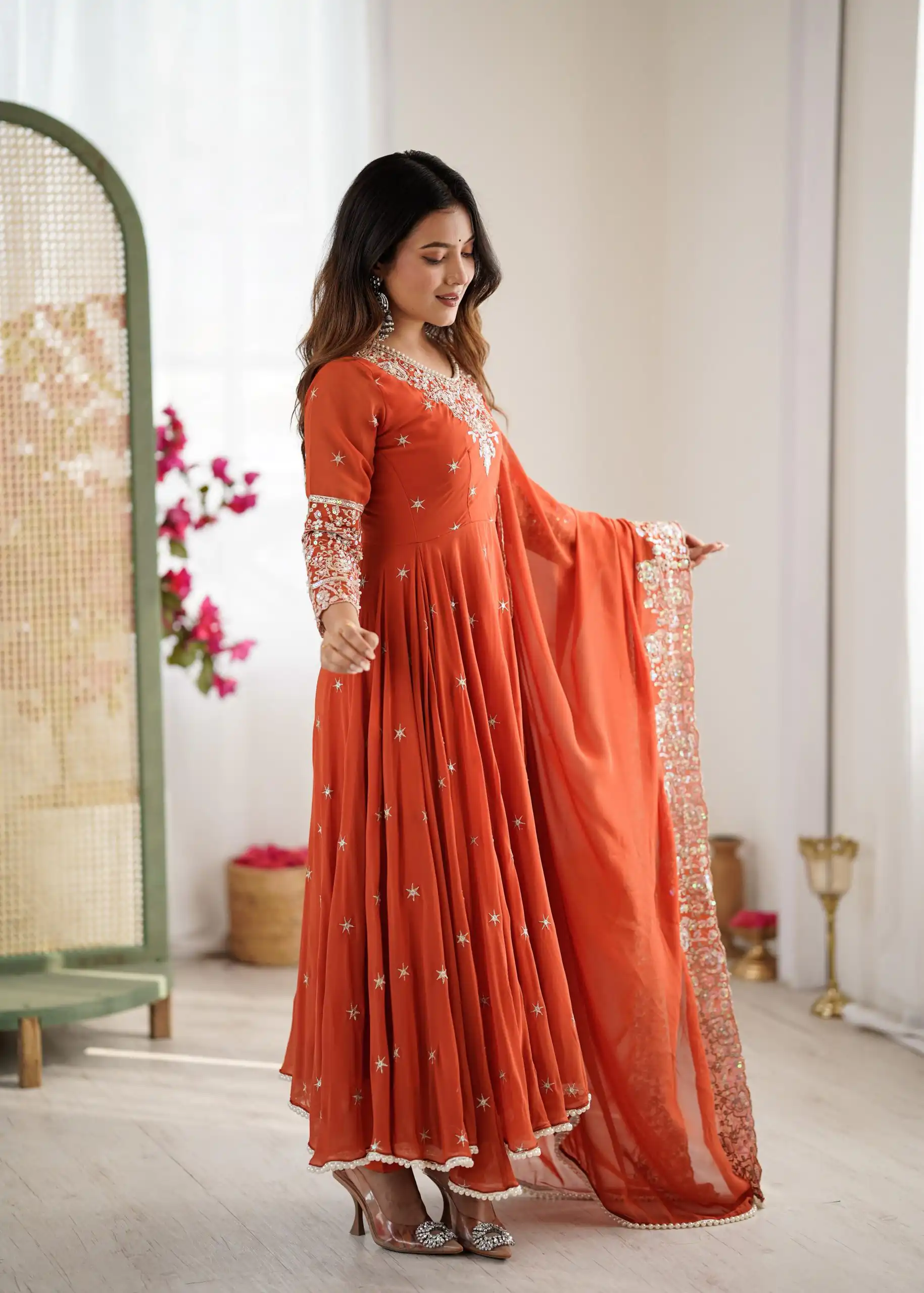 ZF 5012 Orange Blooming Faux Gown with Embroidery Work. Wedding, Party, Festive, Events Grab it for ₹2149. Delivery 4-6 Working Days. Shop now. | Lehenga, Bollywood Lehenga, Creative Lehenga, Designer Lehenga, Embroidered Lehenga, Party Wear Lehenga