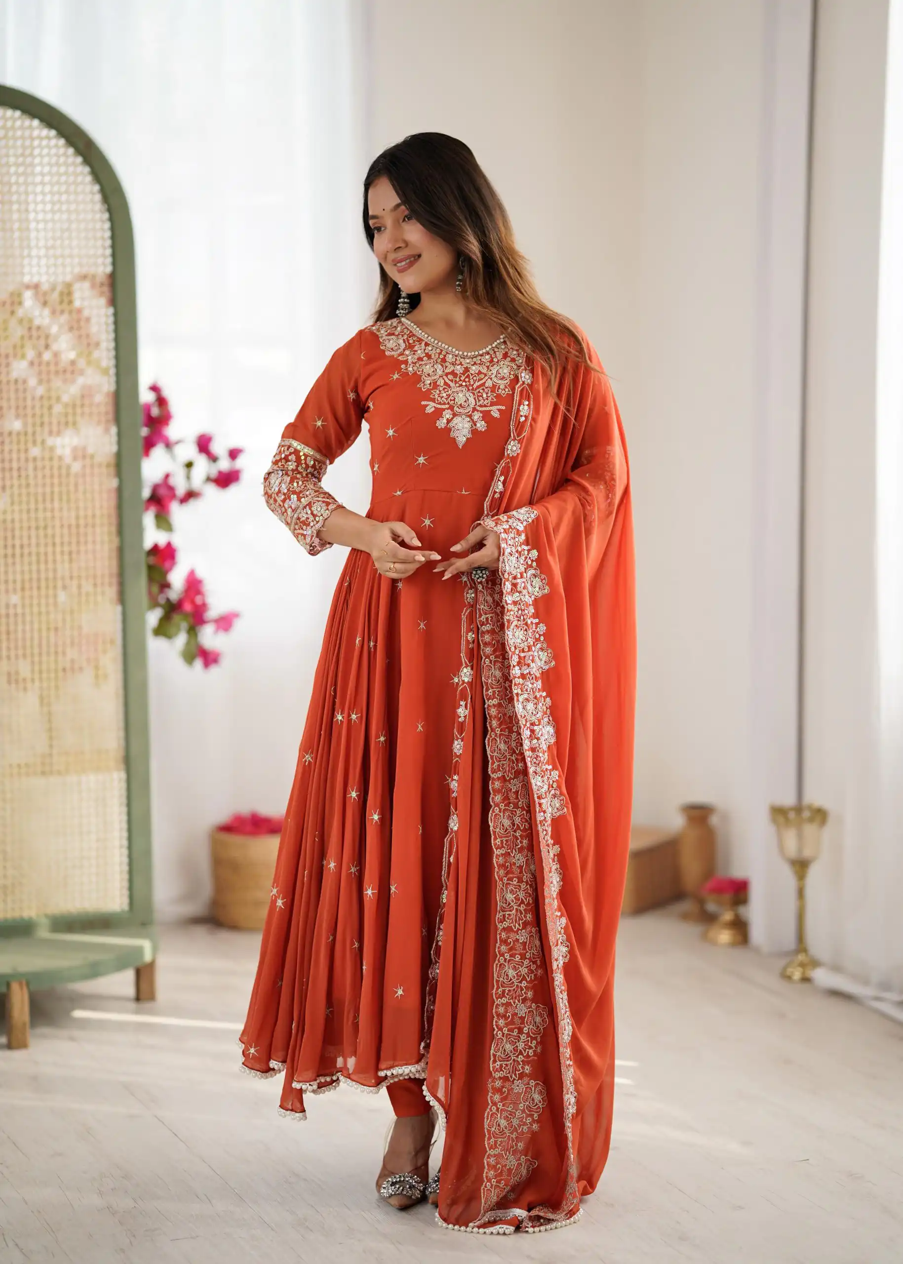 ZF 5012 Orange Blooming Faux Gown with Embroidery Work. Wedding, Party, Festive, Events Grab it for ₹2149. Delivery 4-6 Working Days. Shop now. | Lehenga, Bollywood Lehenga, Creative Lehenga, Designer Lehenga, Embroidered Lehenga, Party Wear Lehenga