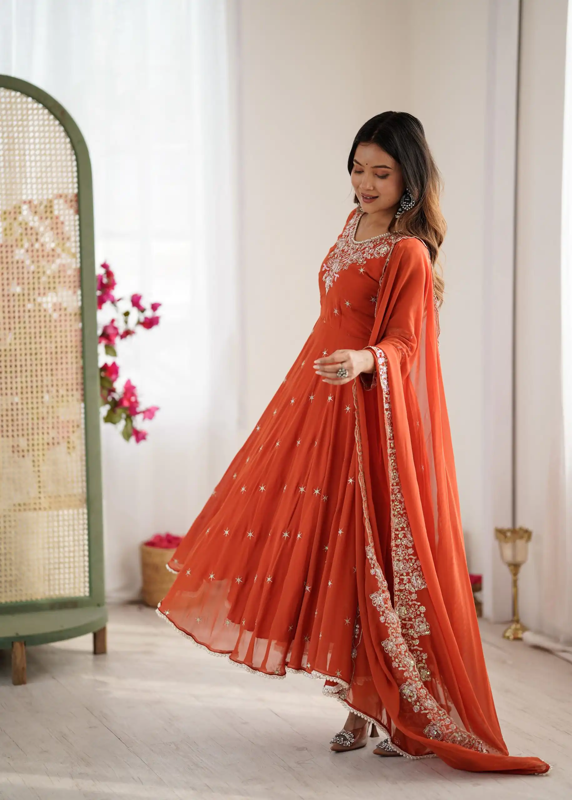 ZF 5012 Orange Blooming Faux Gown with Embroidery Work. Wedding, Party, Festive, Events Grab it for ₹2149. Delivery 4-6 Working Days. Shop now. | Lehenga, Bollywood Lehenga, Creative Lehenga, Designer Lehenga, Embroidered Lehenga, Party Wear Lehenga