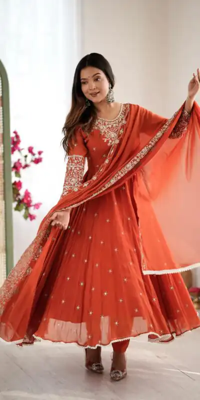 ZF 5012 Orange Blooming Faux Gown with Embroidery Work. Wedding, Party, Festive, Events Grab it for ₹2149. Delivery 4-6 Working Days. Shop now. | Lehenga, Bollywood Lehenga, Creative Lehenga, Designer Lehenga, Embroidered Lehenga, Party Wear Lehenga