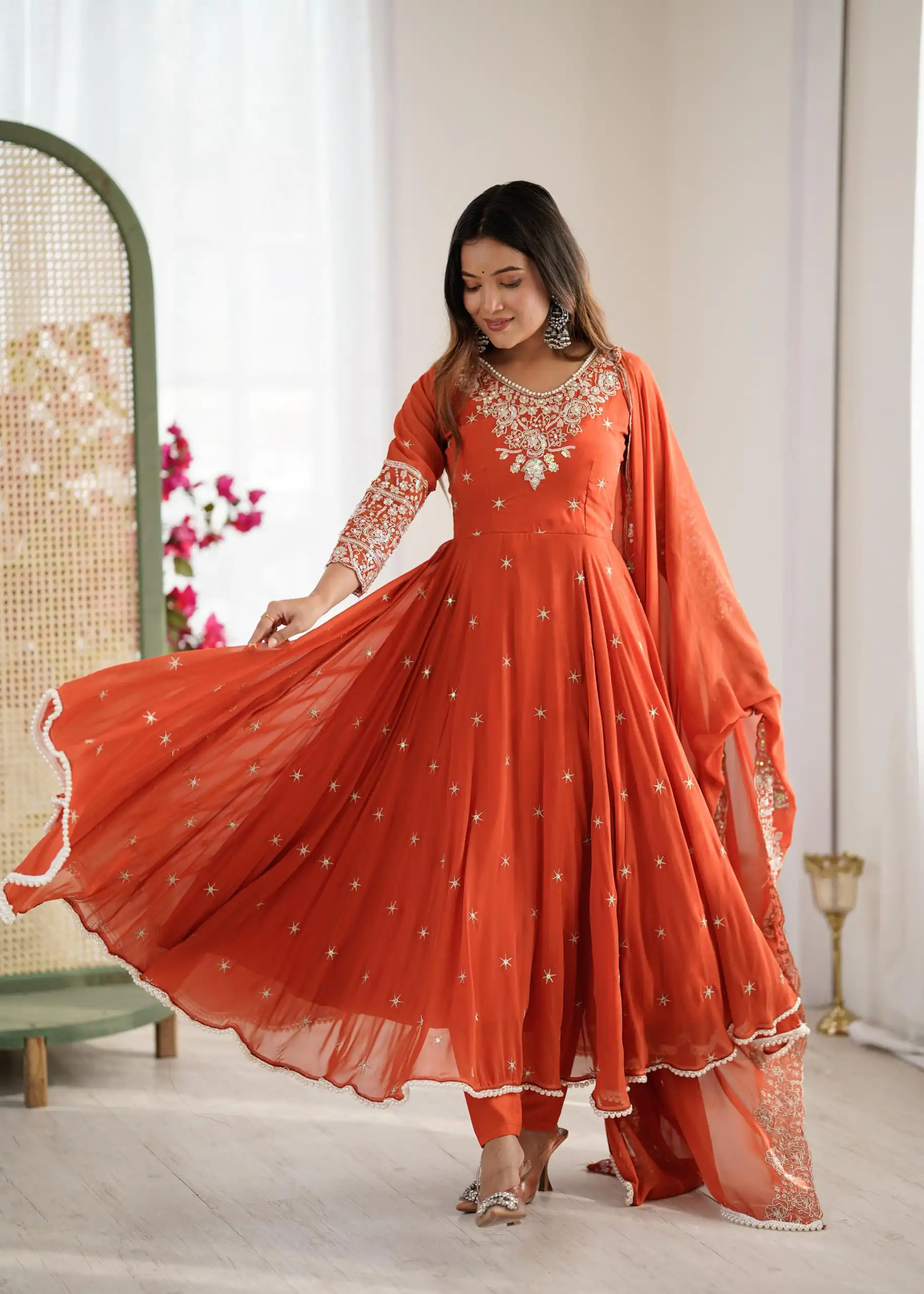 ZF 5012 Orange Blooming Faux Gown with Embroidery Work. Wedding, Party, Festive, Events Grab it for ₹2149. Delivery 4-6 Working Days. Shop now. | Lehenga, Bollywood Lehenga, Creative Lehenga, Designer Lehenga, Embroidered Lehenga, Party Wear Lehenga