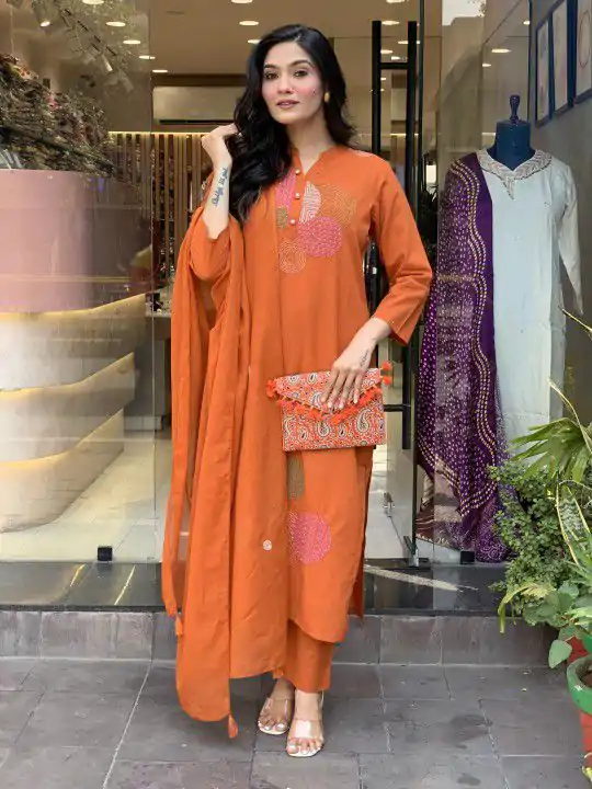 MF 800 Orange with Embroidery Work & Mirror Work Mustered Chanderi Salwar Suit . Exclusive Offer ₹1599. Delivery 4-6 Working Days. Shop now. | Jump Suits, Salwar suit, Designer Suits, Casual Suits, Creative suits, Palazzo Suits, Party Wear Suits, Patiala Suits, Straight Suits