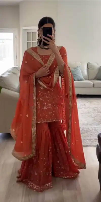 SRK 5303 Orange in Faux Georgette Lace Work & Embroidery Work Salwar Suit . Festive Deal ₹1999. Delivery 4-6 Working Days. Shop now. | Gowns, Bollywood Gowns, Creative Gowns, Designer Gowns, Embroidered Gowns, Party Wear Gowns