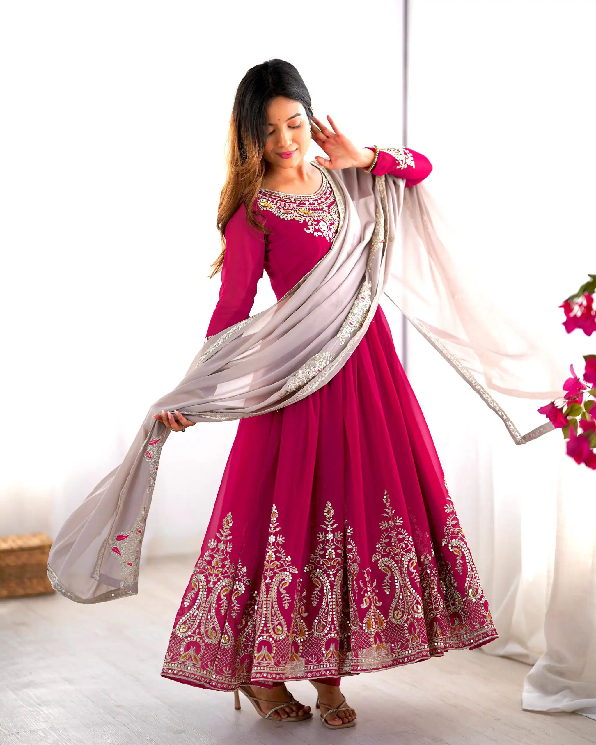 ZF 5008 Pink Georgette Gown with Embroidery Work. Wedding, Party, Festive, Events, Special Price ₹2049. Delivery 4-6 Working Days. Shop now. | Jump Suits, Salwar suit, Designer Suits, Casual Suits, Creative suits, Palazzo Suits, Party Wear Suits, Patiala Suits, Straight Suits