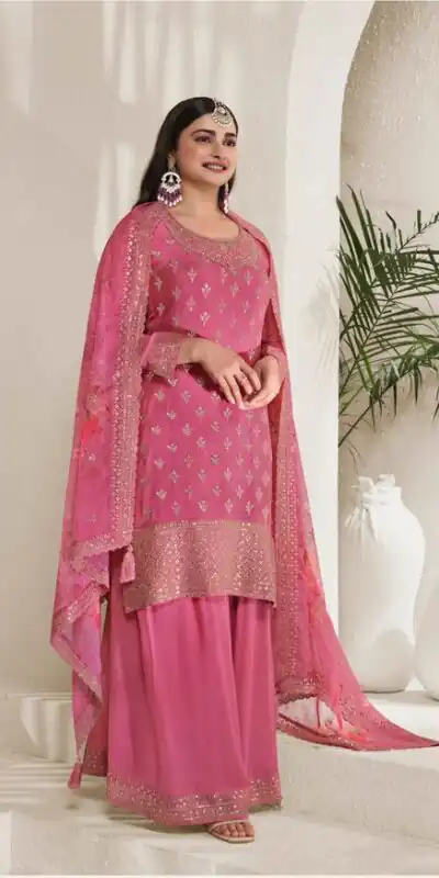 Pink Viscose Chinon Embroidery Work Salwar Suit