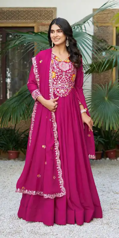 Ram 105 Rani Pink Star Georgette Gown with Embroidery Work & Thread Embroidery. Get it for ₹2049. Delivery 4-6 Working Days. Shop now. | Jump Suits, Salwar suit, Designer Suits, Casual Suits, Creative suits, Palazzo Suits, Party Wear Suits, Patiala Suits, Straight Suits