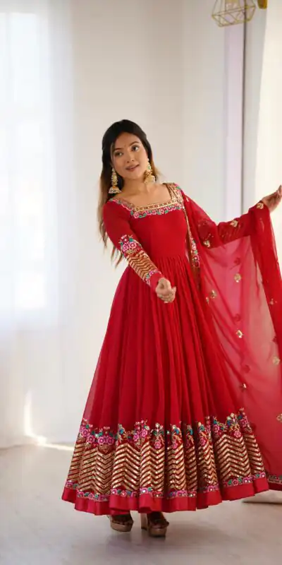 ZF 5010 Red Georgette Gown Perfect for Wedding, Party, Pooja, Ethnic Day, Karwa Chauth – . Best Price ₹2049. Delivery 4-6 Working Days. Shop now. | Jump Suits, Salwar suit, Designer Suits, Casual Suits, Creative suits, Palazzo Suits, Party Wear Suits, Patiala Suits, Straight Suits