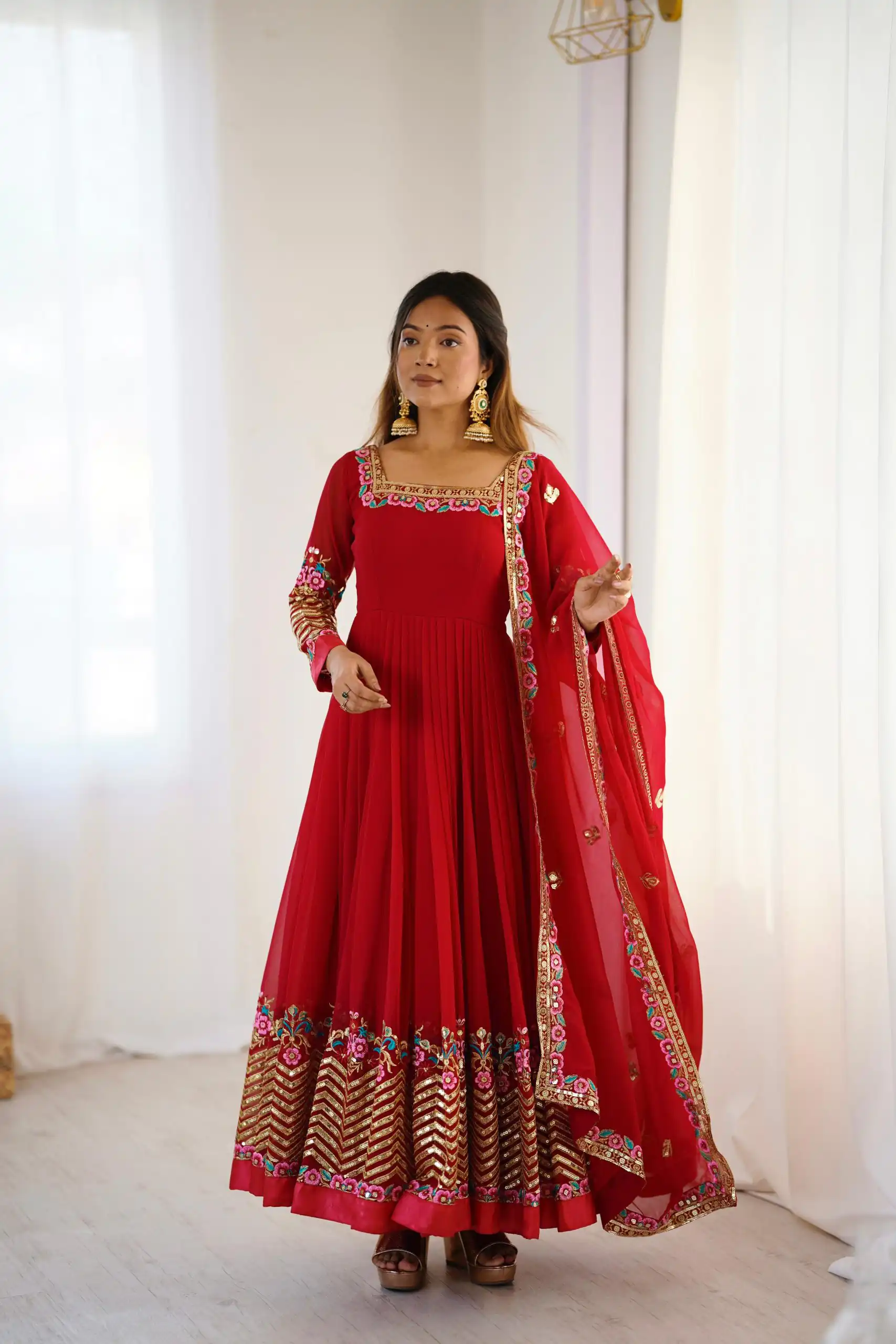 ZF 5010 Red Georgette Gown Perfect for Wedding, Party, Pooja, Ethnic Day, Karwa Chauth – . Best Price ₹2049. Delivery 4-6 Working Days. Shop now. | Jump Suits, Salwar suit, Designer Suits, Casual Suits, Creative suits, Palazzo Suits, Party Wear Suits, Patiala Suits, Straight Suits